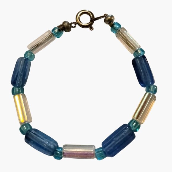 Blue Clear Beaded Child Bracelet 5 Inch Handmade - Picture 1 of 3